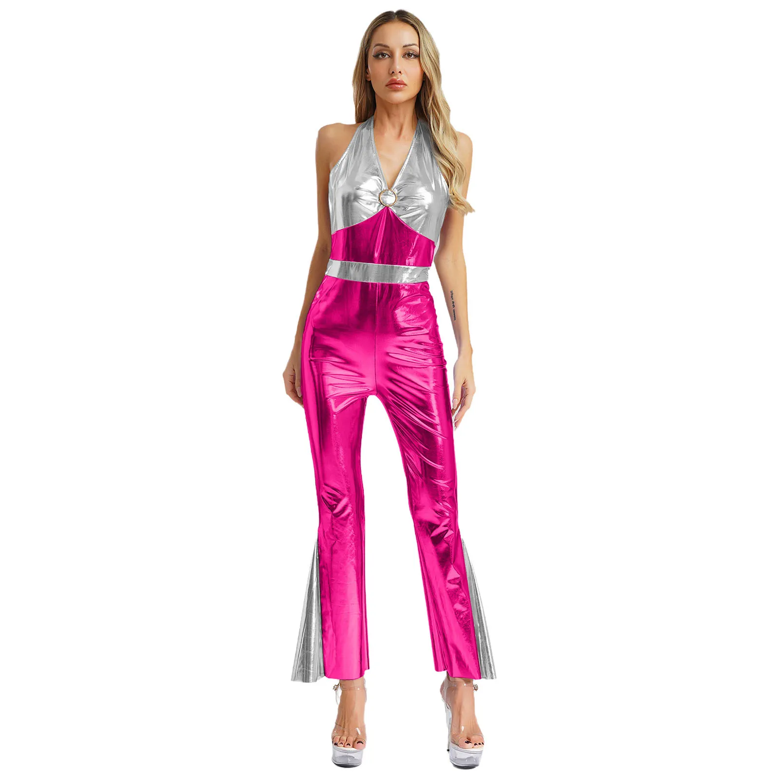 Womens Shiny Metallic 70s 80s Costume Disco Jazz Dance Performance Halloween Outfits Halter High Waist Flared Unitards Jumpsuit
Womens Shiny Metallic 70s 80s Costume Disco Jazz Dance Performance Halloween Outfits Halter High Waist Flared Unitards Jumpsuit
