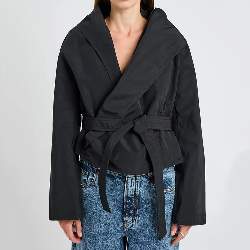 Women's hooded belted jacket, fashionable hoodie, high-quality fitted jacket top, autumn, new style, 2025 
Women's hooded belted jacket, fashionable hoodie, high-quality fitted jacket top, autumn, new style, 2025