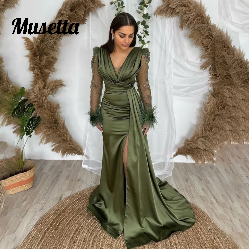 Musetta Satin Mermaid Evening Dress Beaded Long Sleeves With Feathers Prom Gown Side Slit Floor Length Formal Party Event Gowns
Musetta Satin Mermaid Evening Dress Beaded Long Sleeves With Feathers Prom Gown Side Slit Floor Length Formal Party Event Gowns