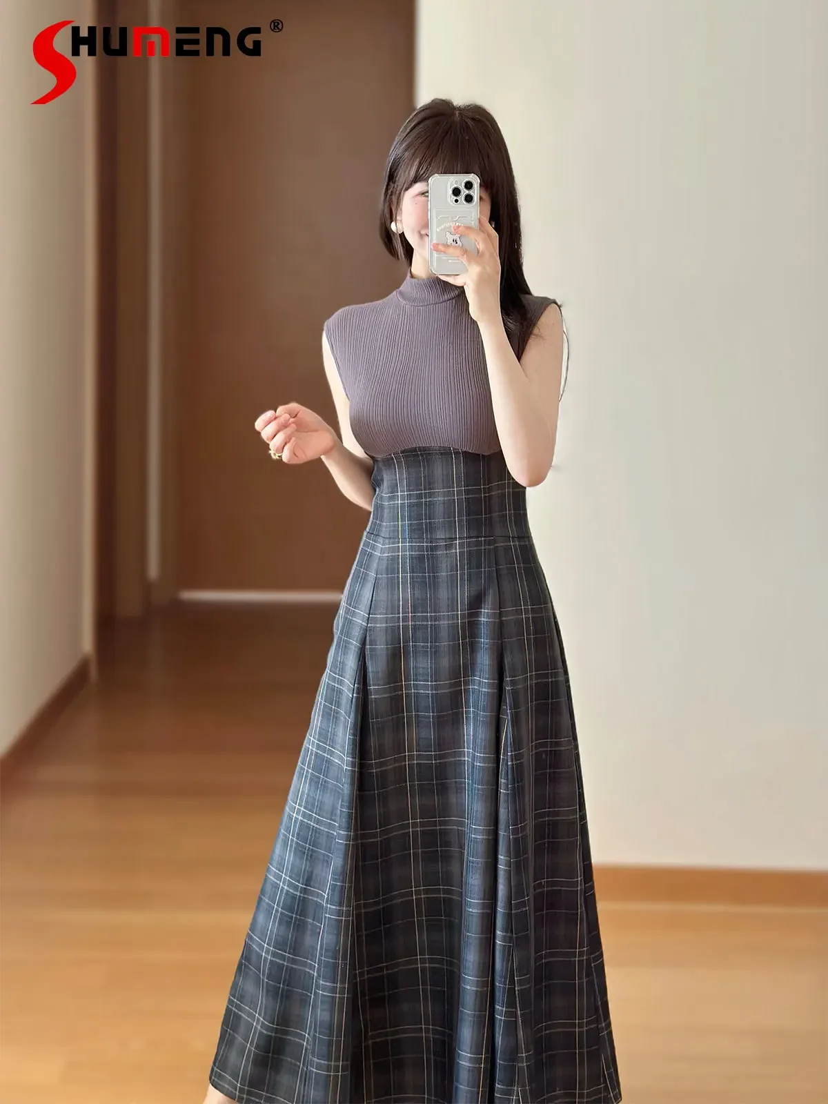 Japanese Elegant Temperament Round Neck Sleeveless Knitted Splicing Plaid High Waist Lace-up Slim A-line Long Dress Women Spring
Japanese Elegant Temperament Round Neck Sleeveless Knitted Splicing Plaid High Waist Lace-up Slim A-line Long Dress Women Spring