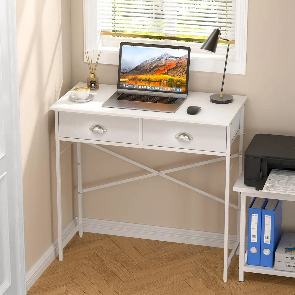 Small Writing Desk for Kids Bedroom, 31.5 Inch White Computer Desk for Small Spaces, Simple Desk with 2 Fabric Drawers 
Small Writing Desk for Kids Bedroom, 31.5 Inch White Computer Desk for Small Spaces, Simple Desk with 2 Fabric Drawers