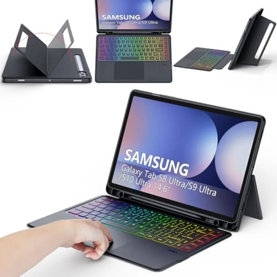 Trackpad Keyboard Case for Samsung Galaxy Tab S8/S9/14.6 inch: 7-color backlit magnetic detachable wireless 5G keyboard cover f
Trackpad Keyboard Case for Samsung Galaxy Tab S8/S9/14.6 inch: 7-color backlit magnetic detachable wireless 5G keyboard cover f