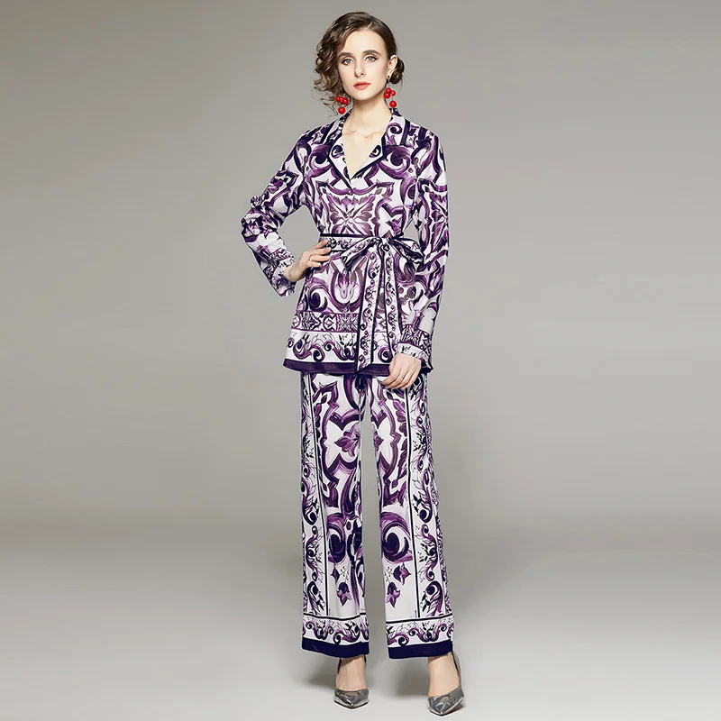 Casual Two Piece Set Women Floral Shirts Wide Leg Pants Suits 2pcs Outfit Purple Porcelain Print Summer Autumn Tops Trousers
Casual Two Piece Set Women Floral Shirts Wide Leg Pants Suits 2pcs Outfit Purple Porcelain Print Summer Autumn Tops Trousers