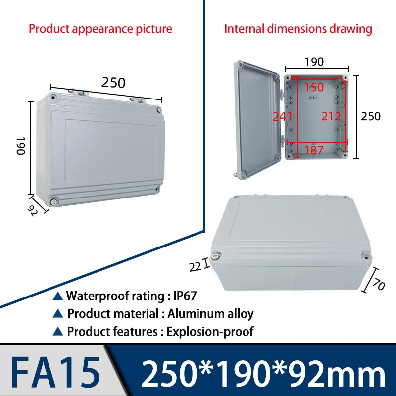 Aluminum cast explosion-proof junction box FA15, 250*190*92mm, outdoor exposed metal waterproof box
Aluminum cast explosion-proof junction box FA15, 250*190*92mm, outdoor exposed metal waterproof box