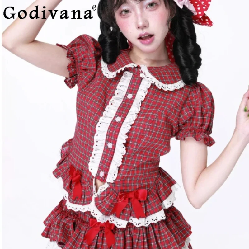 Spring Summer New Retro Sweet Cute Chic Lolita Shirt Fashion Versatile Red Plaid Short Sleeve Peter Pan Collar Japanese Shirts
Spring Summer New Retro Sweet Cute Chic Lolita Shirt Fashion Versatile Red Plaid Short Sleeve Peter Pan Collar Japanese Shirts