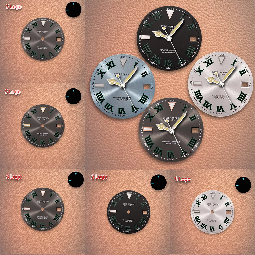 Лидер продаж, 28,5 мм, логотип S, коричневый римский циферблат, зеленые часы, синие серебристые, подходят для NH35/NH36, аксессуары для модификации часов с механизмом
Лидер продаж, 28,5 мм, логотип S, коричневый римский циферблат, зеленые часы, синие серебристые, подходят для NH35/NH36, аксессуары для модификации часов с механизмом