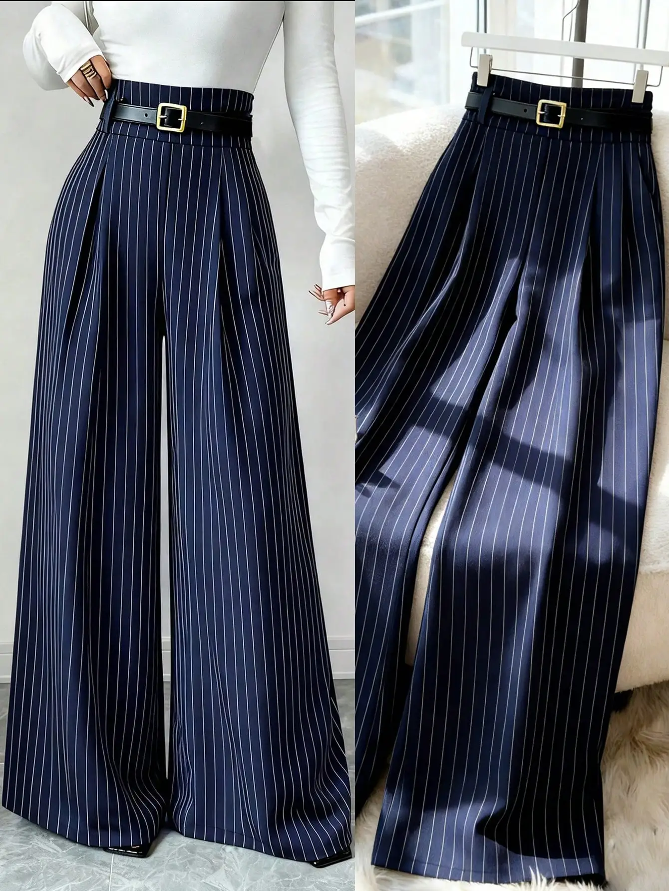 Navy Blue Vertical Stripe High-Waist Wide Leg Pleated Pants with Belt
Navy Blue Vertical Stripe High-Waist Wide Leg Pleated Pants with Belt