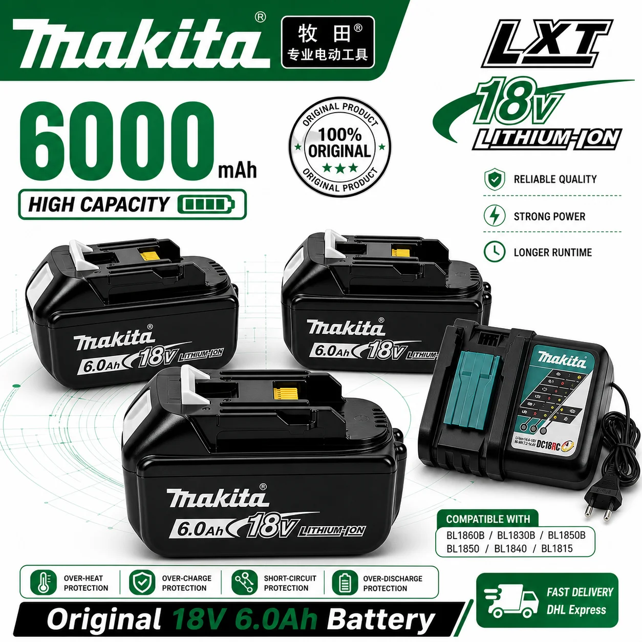 Genuine 18V 6.0Ah Rechargeable Lithium Battery for Makita BL1850B BL1860B Power Tools
Genuine 18V 6.0Ah Rechargeable Lithium Battery for Makita BL1850B BL1860B Power Tools