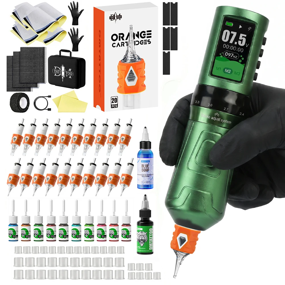 DM Tattoo Kit Greenior Wireless Adjustable Stroke Tattoo Pen 1800mAh Battery Permanent Makeup With Tattoo Blue Soap Tattoo Ink
DM Tattoo Kit Greenior Wireless Adjustable Stroke Tattoo Pen 1800mAh Battery Permanent Makeup With Tattoo Blue Soap Tattoo Ink