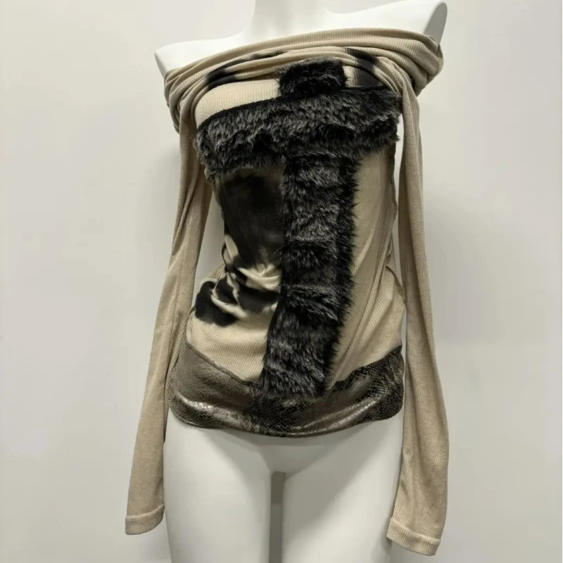 2026 Autumn New Women’s Beige Cross Graphic Furry Patch Off Shoulder Top Slim Fit Ruched Long Sleeve Streetwear Top
2026 Autumn New Women’s Beige Cross Graphic Furry Patch Off Shoulder Top Slim Fit Ruched Long Sleeve Streetwear Top