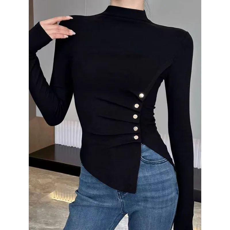 Sexy Half-turtle Collar Long-sleeved Pleated Bottoming Shirt T-shirt Autumn and Winter Slim Top for Women
Sexy Half-turtle Collar Long-sleeved Pleated Bottoming Shirt T-shirt Autumn and Winter Slim Top for Women