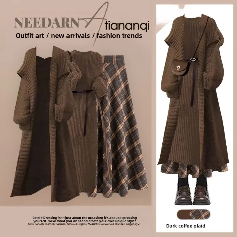 Elegant Knitted Cardigan High Waist Plaid Skirt Set Women's Fashion Autumn Winter Three Piece Suite Casual Style Long Sleeve
Elegant Knitted Cardigan High Waist Plaid Skirt Set Women's Fashion Autumn Winter Three Piece Suite Casual Style Long Sleeve