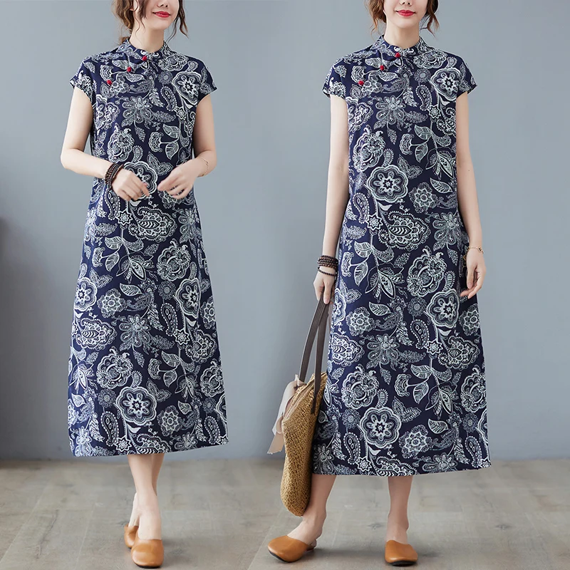 Summer Women's Loose Cotton Lin Short Sleeve Print Qipao Dress Vintage Button Detailing Slimming Effect Comfortable Gown
Summer Women's Loose Cotton Lin Short Sleeve Print Qipao Dress Vintage Button Detailing Slimming Effect Comfortable Gown