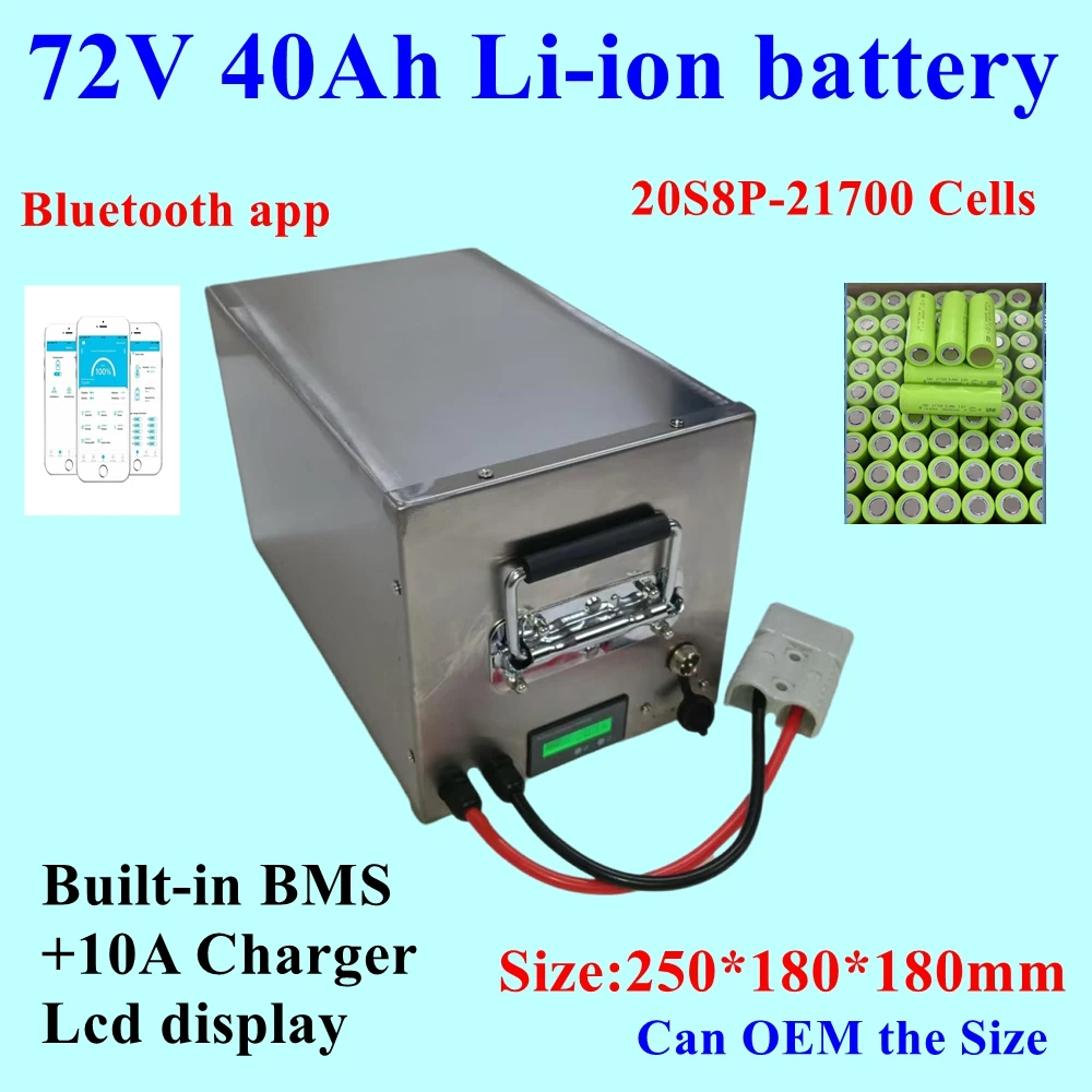 Rechargeable Lithium ion 72V, 40Ah avec BMS Bluetooth, for E-bike Scooter, Moto, avec Charger 84V10A, 5000/3000W/14KW/20KW
Rechargeable Lithium ion 72V, 40Ah avec BMS Bluetooth, for E-bike Scooter, Moto, avec Charger 84V10A, 5000/3000W/14KW/20KW