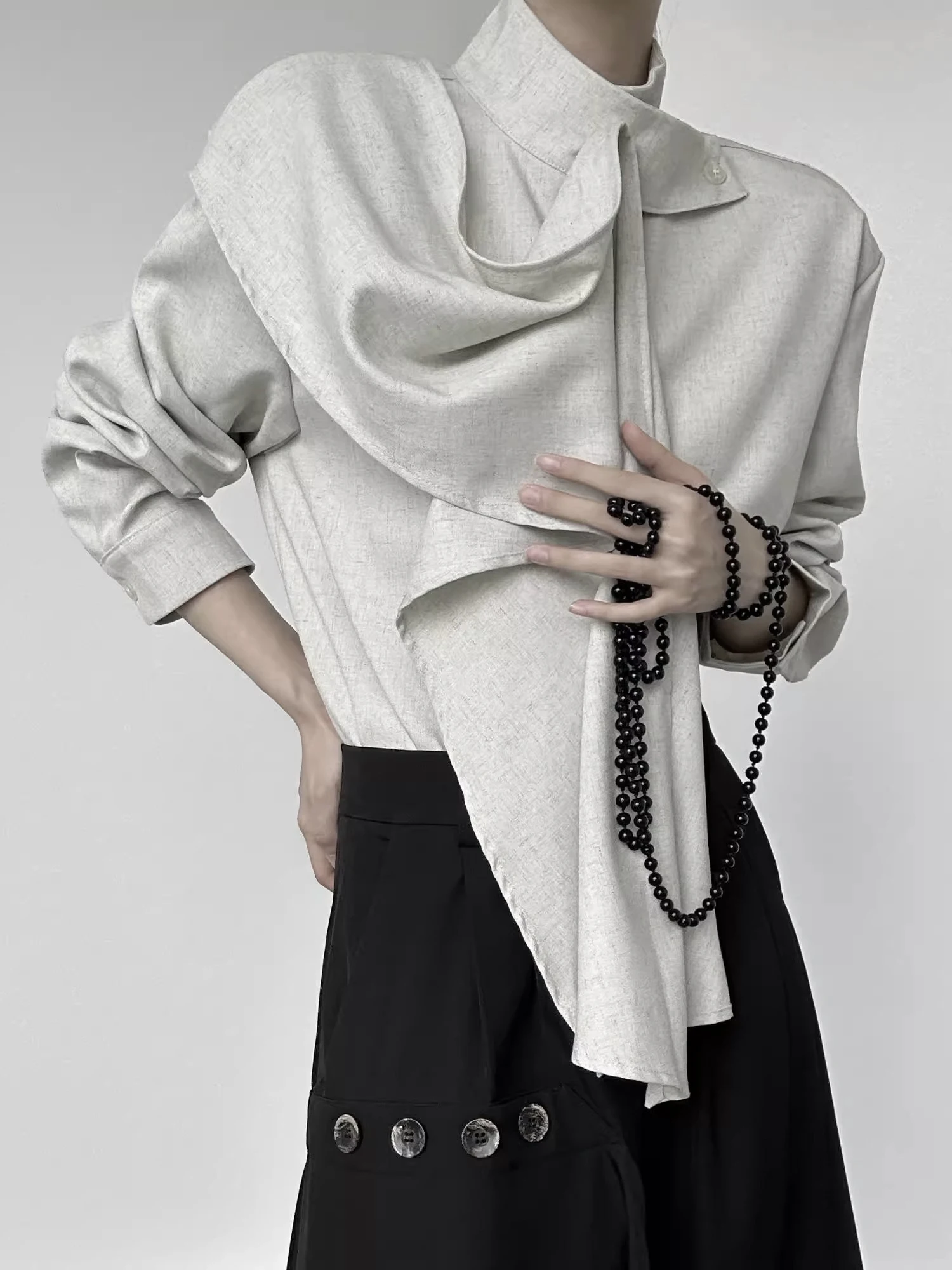Retro Le Style Scarf Shirt with Draped Neck Design Unisex Elegant Stand Collar Long Sleeve Polyester Casual Fashion Shirt
Retro Le Style Scarf Shirt with Draped Neck Design Unisex Elegant Stand Collar Long Sleeve Polyester Casual Fashion Shirt