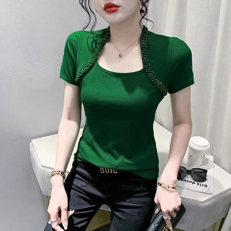 2025 Women T-Shirt Fashion Sexy Square Neck Beading Tees Brand Girl Short Sleeved Slim Cotton Tops ZT27
2025 Women T-Shirt Fashion Sexy Square Neck Beading Tees Brand Girl Short Sleeved Slim Cotton Tops ZT27