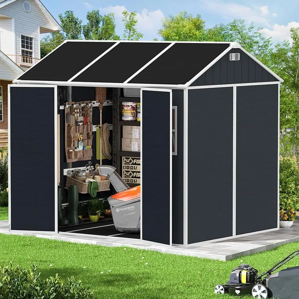 8x7ft Resin Outdoor Storage Shed with Floor, Windows, Lock & Vents
8x7ft Resin Outdoor Storage Shed with Floor, Windows, Lock & Vents