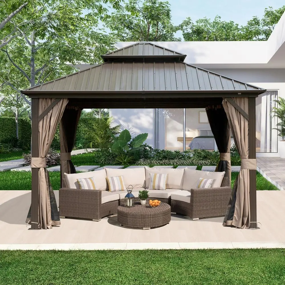 10x10 Metal Gazebo with Double Roof, Curtain, and Netting for Patio, Deck, and Lawn in Brown
10x10 Metal Gazebo with Double Roof, Curtain, and Netting for Patio, Deck, and Lawn in Brown
