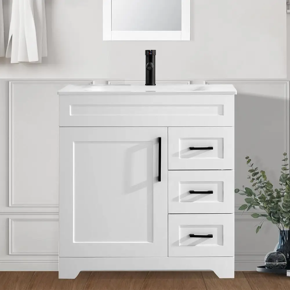 30 White Bathroom Vanity with Undermount Sink, Plywood Construction, 3 Drawers & 1 Soft-Close Door, Metal Handles, Easy Assembly
30 White Bathroom Vanity with Undermount Sink, Plywood Construction, 3 Drawers & 1 Soft-Close Door, Metal Handles, Easy Assembly