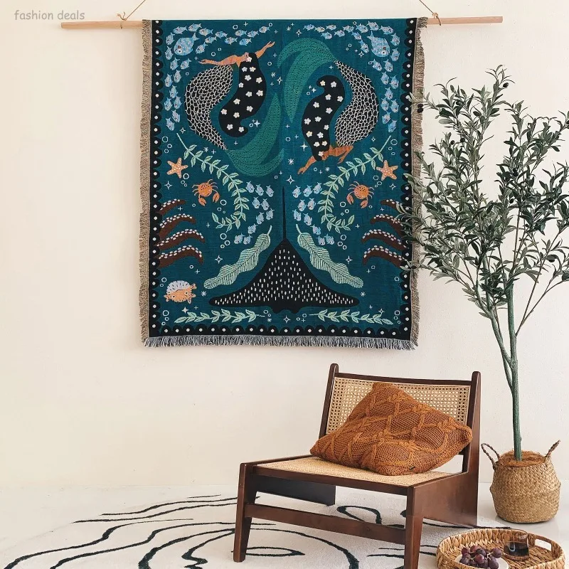 Bohemian Mermaid Print Cotton Blend Throw Blanket with Tassel Woven Sofa Cover Wall Tapestry 130x160cm Home Decorative Blanket
Bohemian Mermaid Print Cotton Blend Throw Blanket with Tassel Woven Sofa Cover Wall Tapestry 130x160cm Home Decorative Blanket