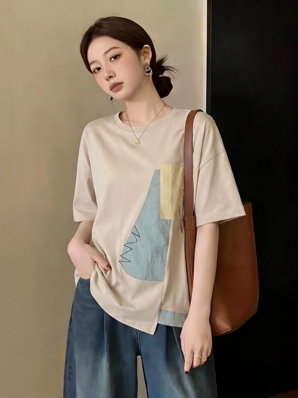 Summer New Women's Loose Fit Short Sleeve T-shirt Asymmetrical Splicing Design plus Size Cover Belly Casual Korean Style
Summer New Women's Loose Fit Short Sleeve T-shirt Asymmetrical Splicing Design plus Size Cover Belly Casual Korean Style