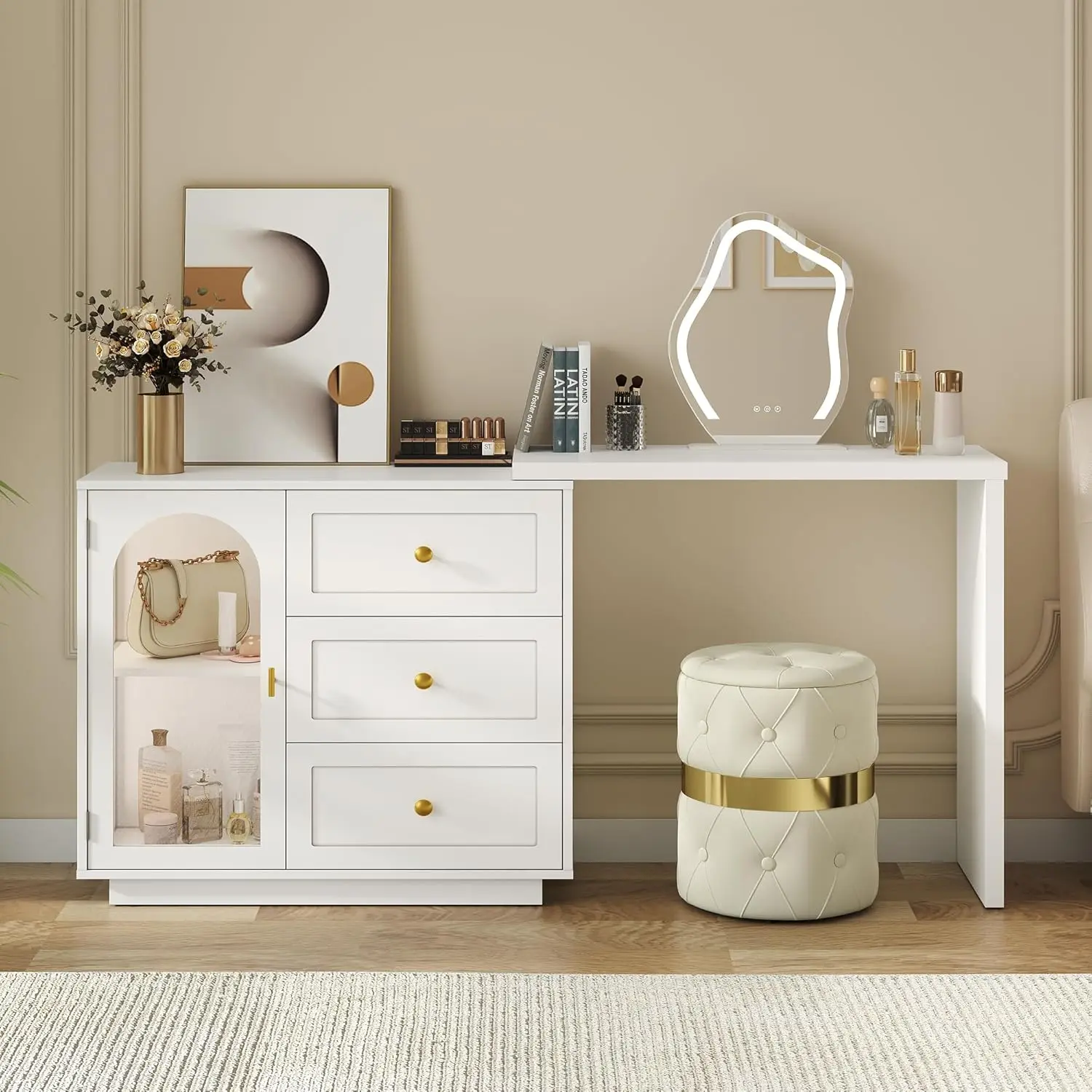 59” Makeup Vanity Desk, White Vanity Dresser Combo, Modern Dressing Table with 3 Drawer & 1 Door, Vanity for Bedroom, L Sharped Corner Table for Working, Drawing, Nail Care (Without Mirror)
59” Makeup Vanity Desk, White Vanity Dresser Combo, Modern Dressing Table with 3 Drawer & 1 Door, Vanity for Bedroom, L Sharped Corner Table for Working, Drawing, Nail Care (Without Mirror)