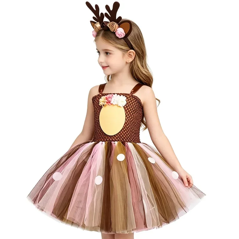 Kids' Pink-Brown Floral Deer-Shaped Tulle Tutu Dress with Headpiece, Christmas Elk-Themed Outfit, Girls' Festival Party Costume
Kids' Pink-Brown Floral Deer-Shaped Tulle Tutu Dress with Headpiece, Christmas Elk-Themed Outfit, Girls' Festival Party Costume