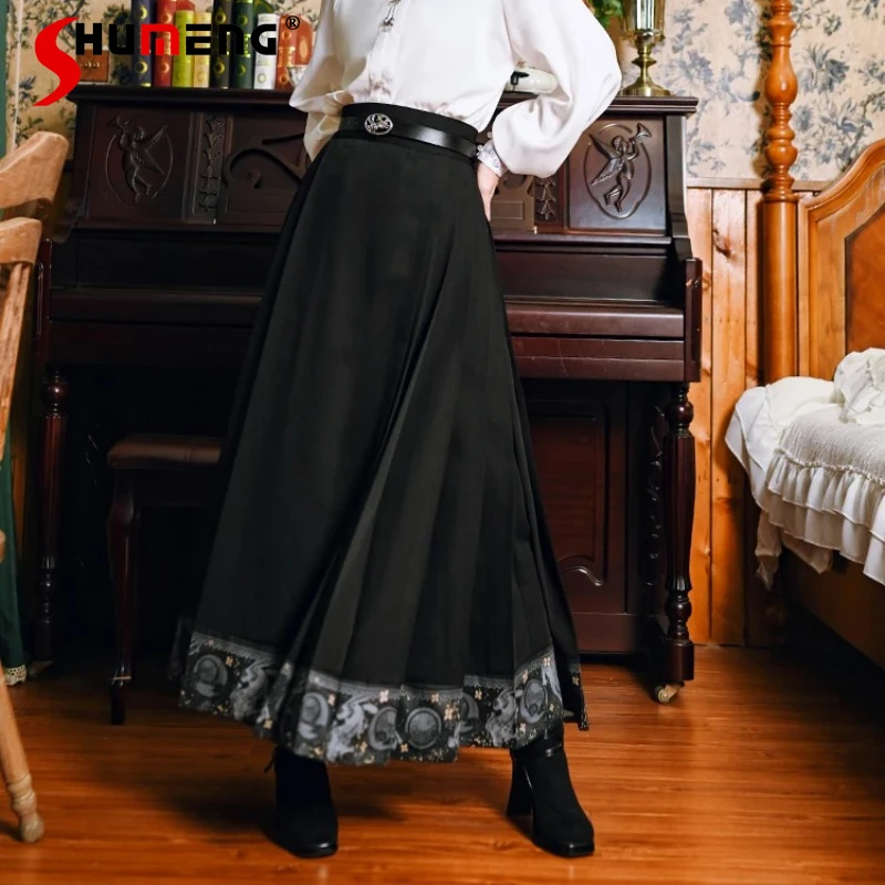Autumn Chinese National Style Black Horse Face Long Skirt Daily Wear Improved Hanfu Printed Half Skirts For Women's Dark Clothes 
Autumn Chinese National Style Black Horse Face Long Skirt Daily Wear Improved Hanfu Printed Half Skirts For Women's Dark Clothes