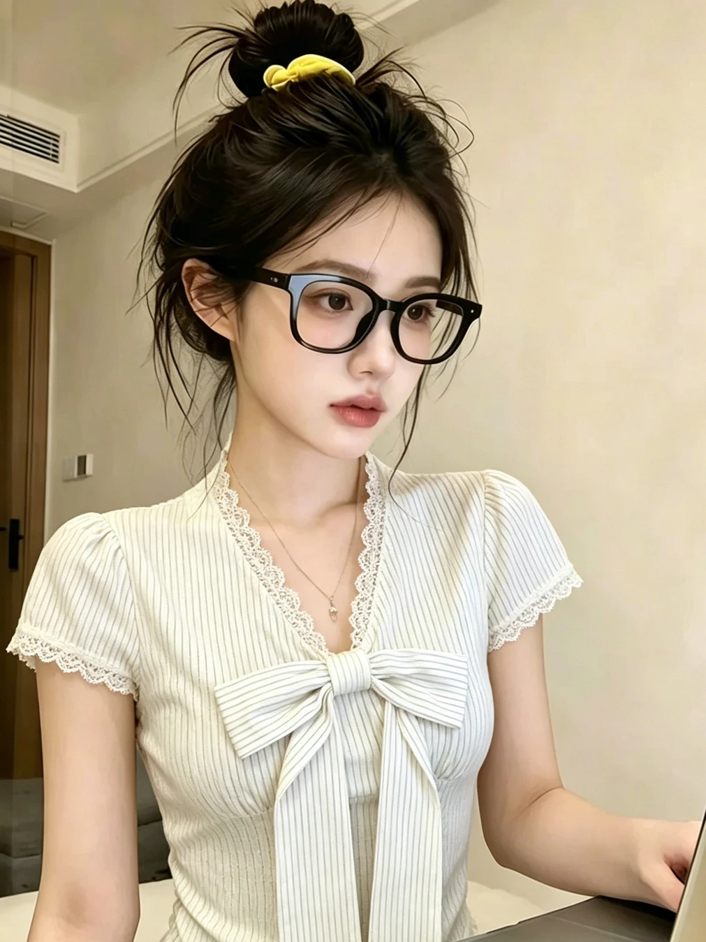Korean Style Knot V-Neck Striped Shirt Women's Summer 2026 New Lace Splicing Short Sleeve Top Elegant Commute Fashion
Korean Style Knot V-Neck Striped Shirt Women's Summer 2026 New Lace Splicing Short Sleeve Top Elegant Commute Fashion