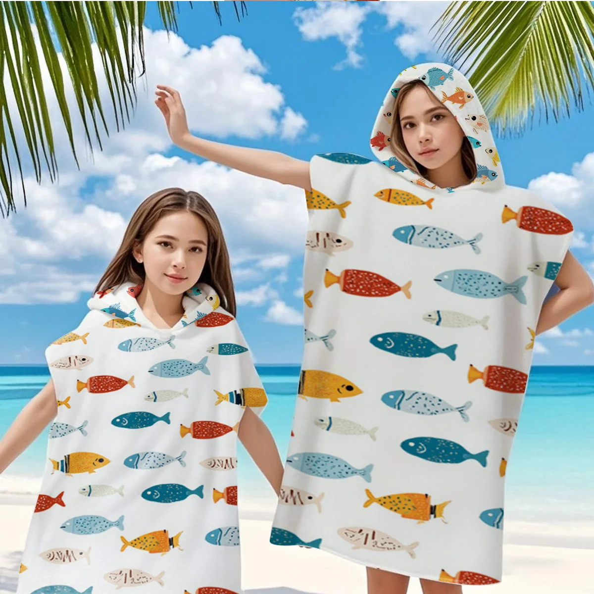 1pc Colorful Fish Print Hooded Towel Poncho, Quick Dry Polyester Beach Changing Robe, Matching Family/Couple Swim Poncho for Sum
1pc Colorful Fish Print Hooded Towel Poncho, Quick Dry Polyester Beach Changing Robe, Matching Family/Couple Swim Poncho for Sum