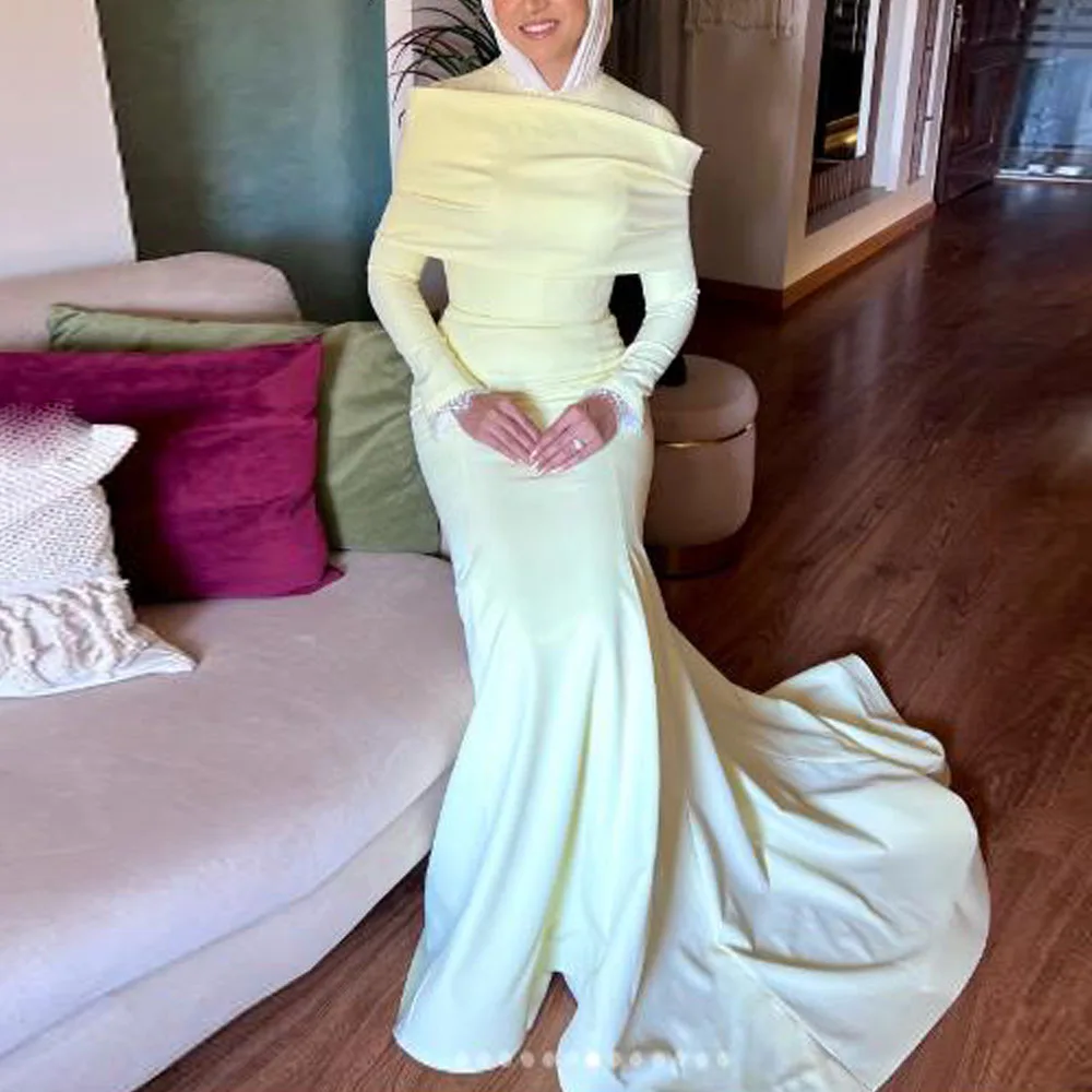 Customized Butter Yellow Muslim Evening Dresses O Neck Long Sleeve Mermaid Islamic Formal Gown Satin Long Hijab Dress 
Customized Butter Yellow Muslim Evening Dresses O Neck Long Sleeve Mermaid Islamic Formal Gown Satin Long Hijab Dress