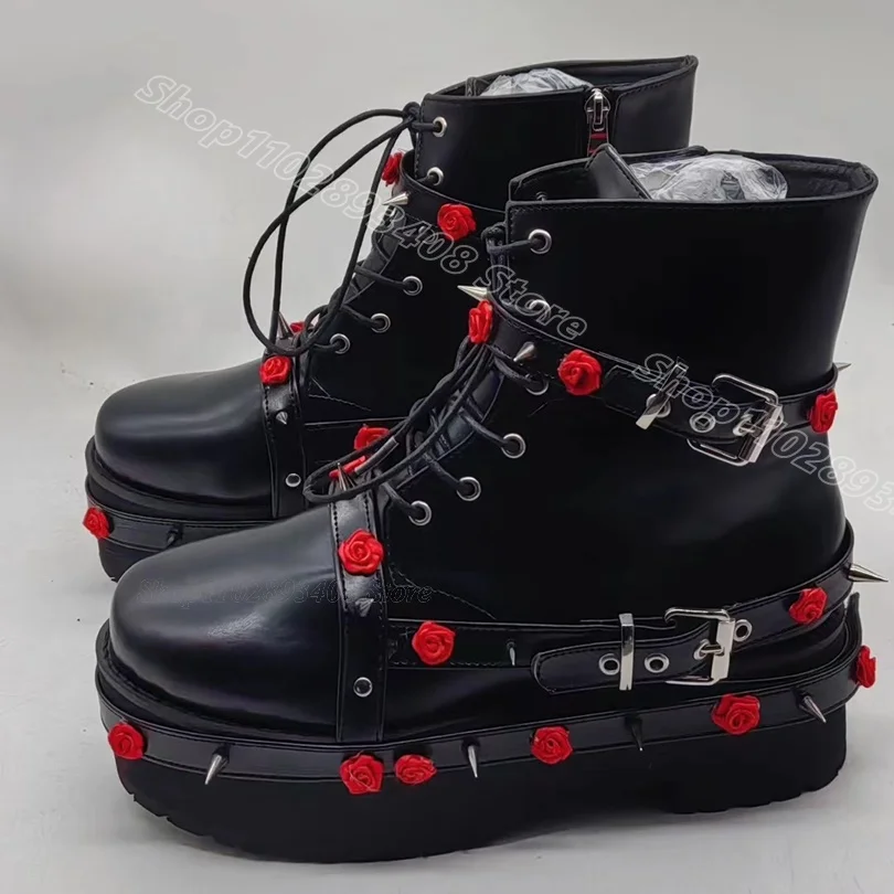 Black Rivet Flower Decor Ankle Boots Punk Style Matte Leather Lace up Side Zippers Casual Summer Women Shoes Zapatos Para Mujere
Black Rivet Flower Decor Ankle Boots Punk Style Matte Leather Lace up Side Zippers Casual Summer Women Shoes Zapatos Para Mujere