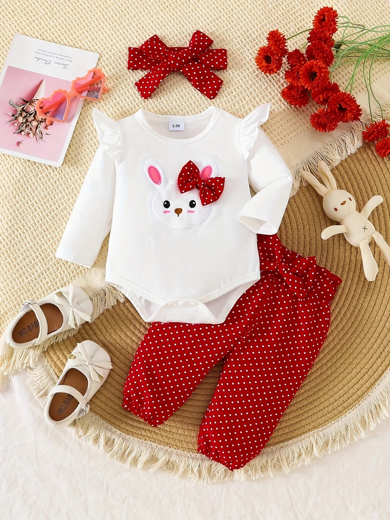 Baby girl autumn cute style three piece set with bunny patch cloth, red polka dot pants and polka dot headband
Baby girl autumn cute style three piece set with bunny patch cloth, red polka dot pants and polka dot headband