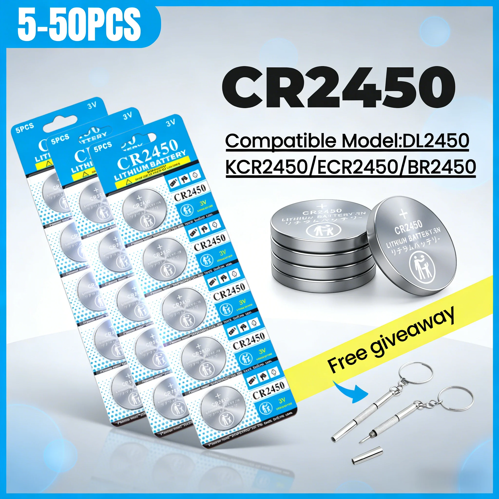 3V Lithium Battery CR2450 600mAh Coin Cell 5029LC LM2450 DL2450 CR2450N BR2450 for Glucose Meter Keyless Entry
3V Lithium Battery CR2450 600mAh Coin Cell 5029LC LM2450 DL2450 CR2450N BR2450 for Glucose Meter Keyless Entry