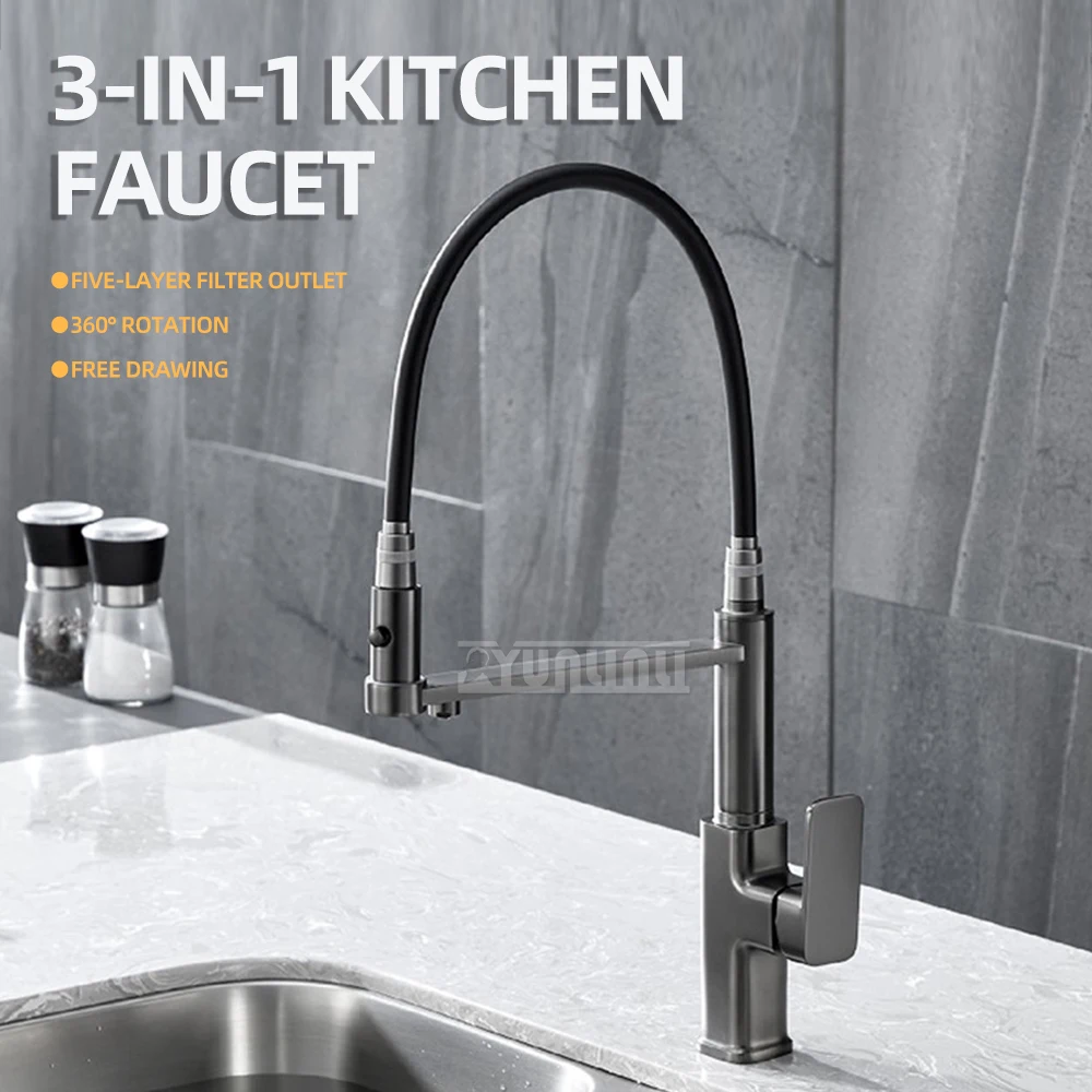 Kitchen three in one gun gray pure water hot and cold faucet with outward rotating three outlet household direct drinking faucet
Kitchen three in one gun gray pure water hot and cold faucet with outward rotating three outlet household direct drinking faucet