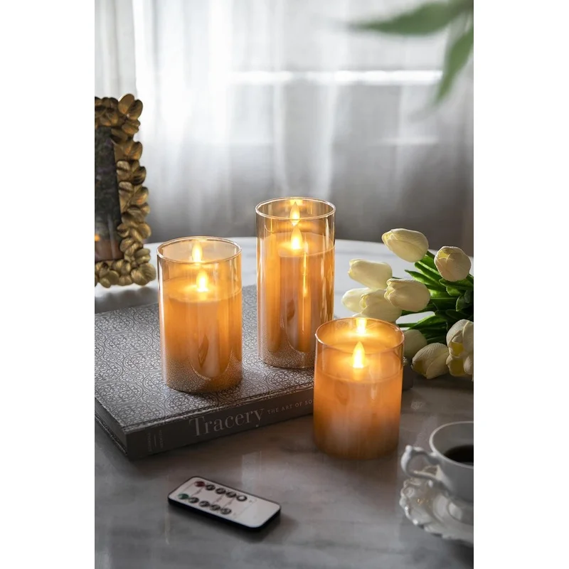3pc Amber LED Flame Effect Candles with Remote Timer, 6" 5" 4" Sizes