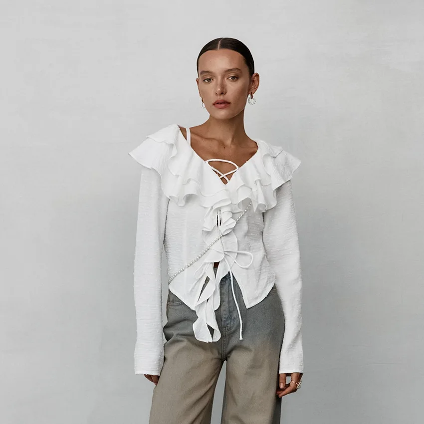 Autumn European And American New Fashion White Crepe Casual Ruffled Sexy Elegant Lace-Up Long-Sleeve Women's Shirt
Autumn European And American New Fashion White Crepe Casual Ruffled Sexy Elegant Lace-Up Long-Sleeve Women's Shirt