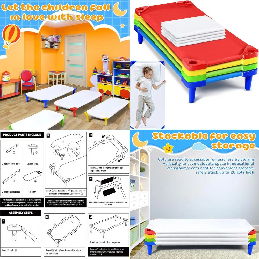 Multicolor Stackable Kids Cot with Sheets, 54L x 23W, Suitable for Daycare and Home Use
Multicolor Stackable Kids Cot with Sheets, 54L x 23W, Suitable for Daycare and Home Use