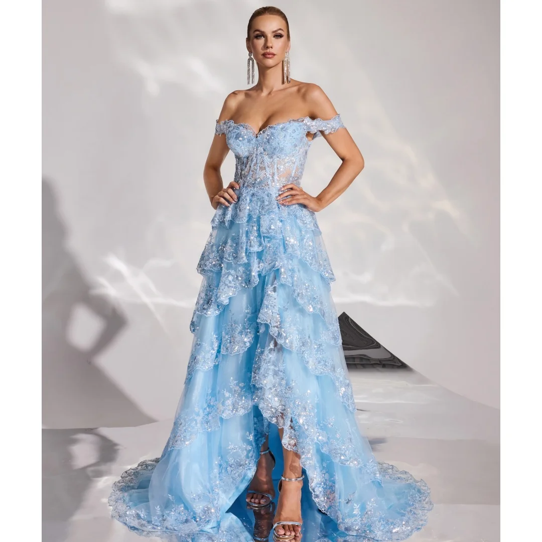 Light Blue Evening Dresses Tiered Lace Sequined Maxi Gown Side Slit Corset vestido de novia Luxury Party Gown Customized
Light Blue Evening Dresses Tiered Lace Sequined Maxi Gown Side Slit Corset vestido de novia Luxury Party Gown Customized