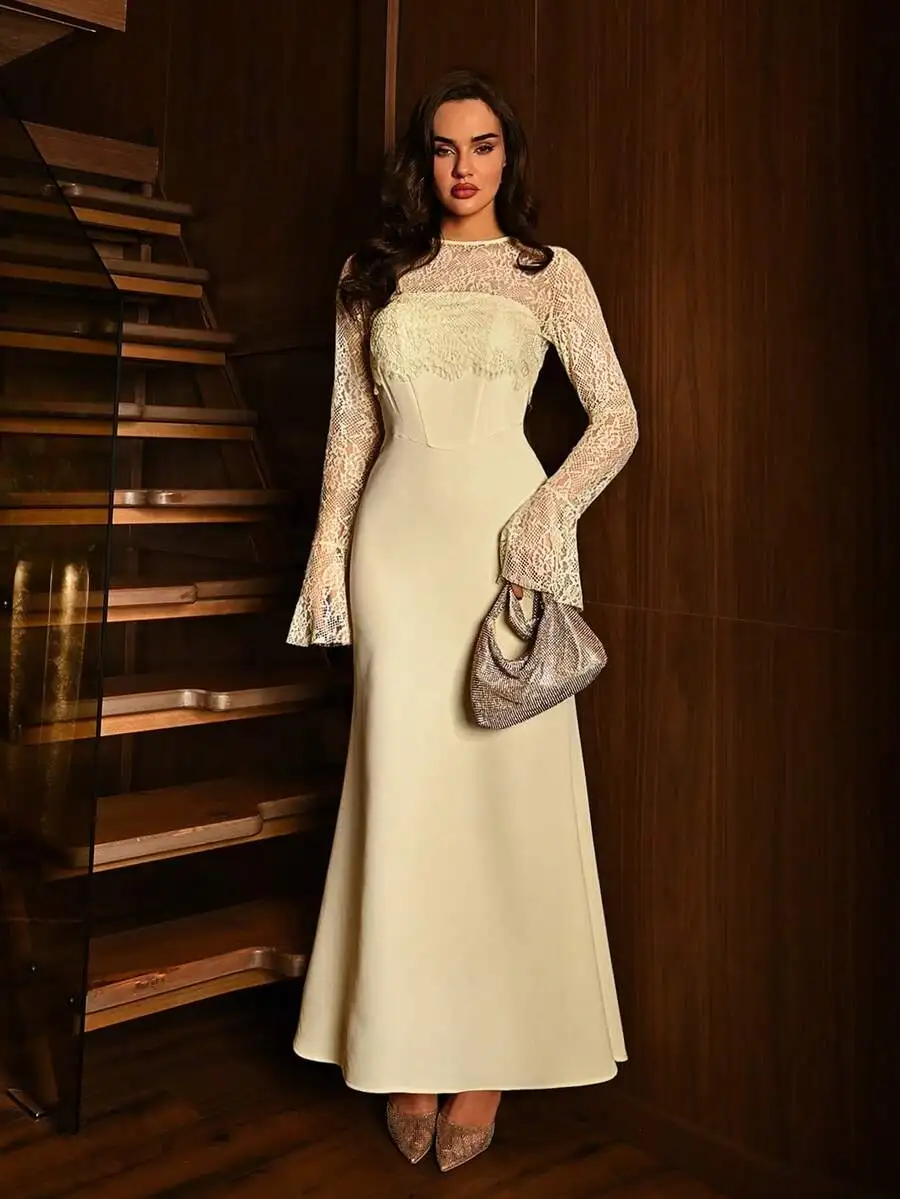 Elegant Lace Long Dress With Flare Sleeves Strapless Ivory Evening Gown
Elegant Lace Long Dress With Flare Sleeves Strapless Ivory Evening Gown