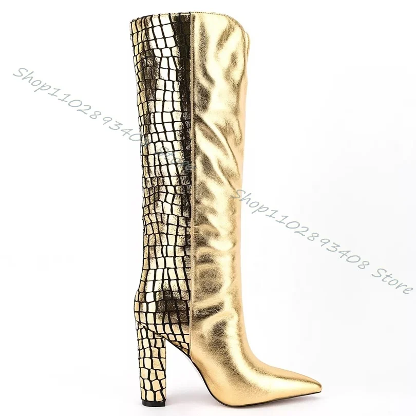 Glitter Gold Splicing Boots Women Thick High Heels Pointed Toe Back Zipper Shoes for Ladies Fashion Boots Zapatos Para Mujere
Glitter Gold Splicing Boots Women Thick High Heels Pointed Toe Back Zipper Shoes for Ladies Fashion Boots Zapatos Para Mujere
