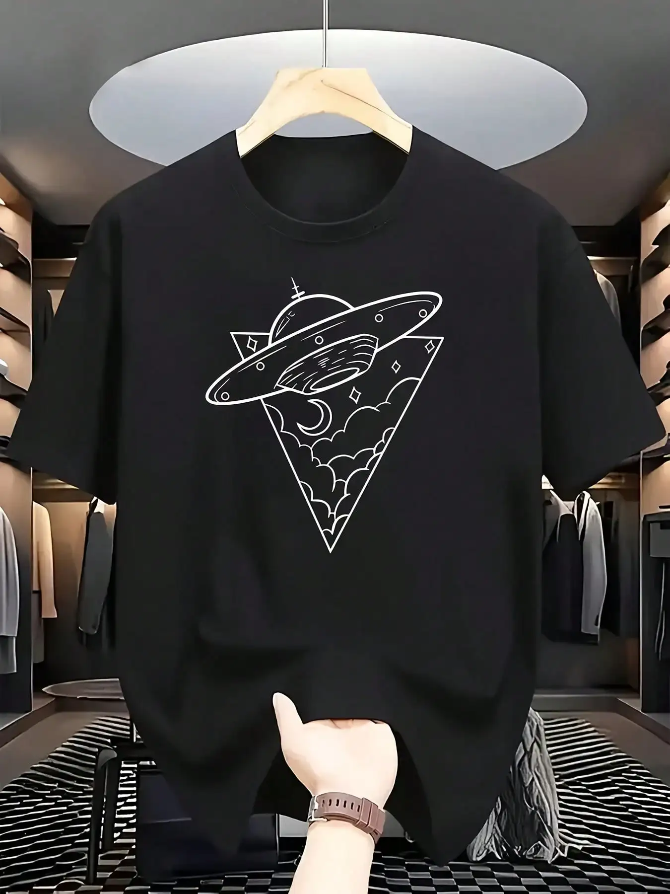 White Short Sleeve-Shirt with Geometric Pattern Featuring Elements Such as Flying Saucers, Clouds, and Moons
White Short Sleeve-Shirt with Geometric Pattern Featuring Elements Such as Flying Saucers, Clouds, and Moons