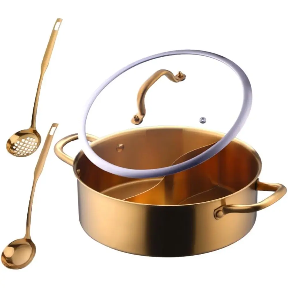 11,8-дюймовая кастрюля для шабу-шабу из нержавеющей стали с разделителем, стеклянной крышкой, двусторонняя, с ложкой-шумовкой и половником, для индукционных плит
11,8-дюймовая кастрюля для шабу-шабу из нержавеющей стали с разделителем, стеклянной крышкой, двусторонняя, с ложкой-шумовкой и половником, для индукционных плит