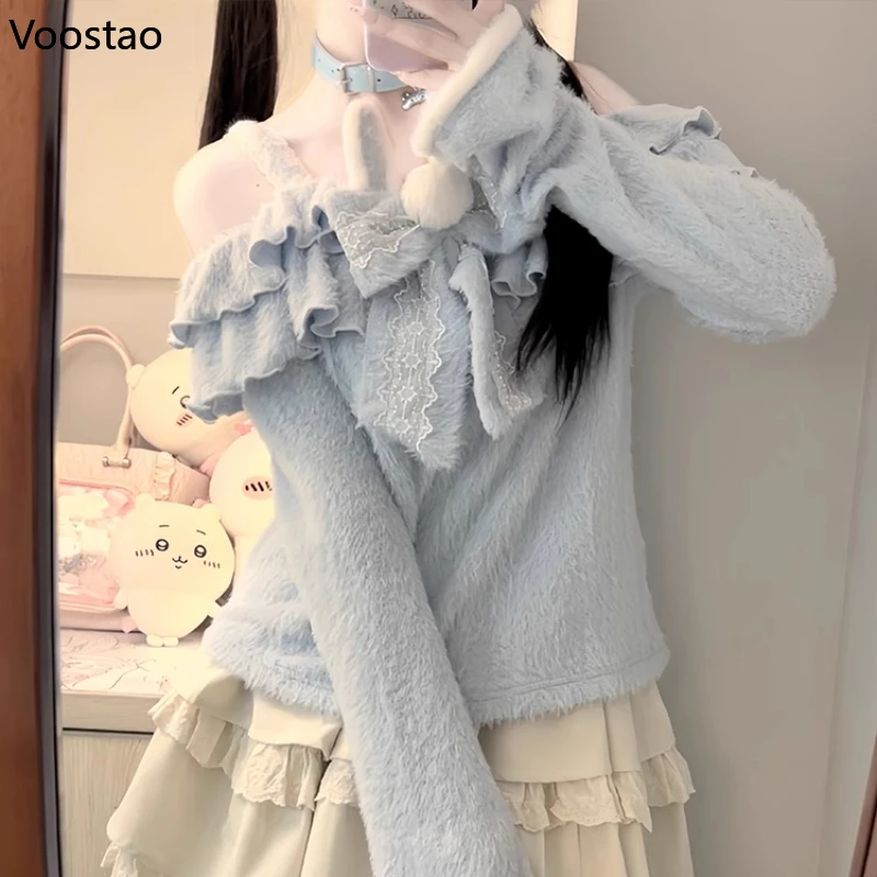 Japanese Kawaii Lolita Style Knitted Pullovers Women Cute Rabbit Ears Bow Off Shoulder Sweater Female Sweet Blue Knitwear Tops
Japanese Kawaii Lolita Style Knitted Pullovers Women Cute Rabbit Ears Bow Off Shoulder Sweater Female Sweet Blue Knitwear Tops