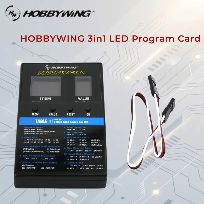 Карта-программатор HOBBYWING 3-в-1 для LED ESC серий XERUN EZRUN MAX / Platinum / SEAKING для радиоуправляемых моделей автомобилей и лодок
Карта-программатор HOBBYWING 3-в-1 для LED ESC серий XERUN EZRUN MAX / Platinum / SEAKING для радиоуправляемых моделей автомобилей и лодок