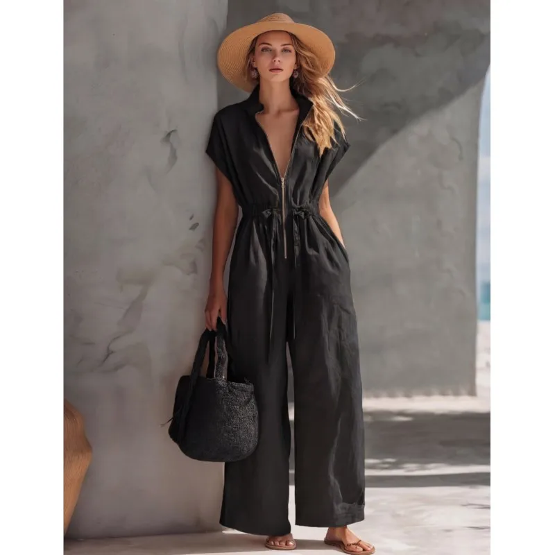 Retro High Street Womens Jumpsuit Casual V-neck Short-sleeved Zipper Drawstring Solid Color Jumpsuit With Pocket Summer 2026 New
Retro High Street Womens Jumpsuit Casual V-neck Short-sleeved Zipper Drawstring Solid Color Jumpsuit With Pocket Summer 2026 New