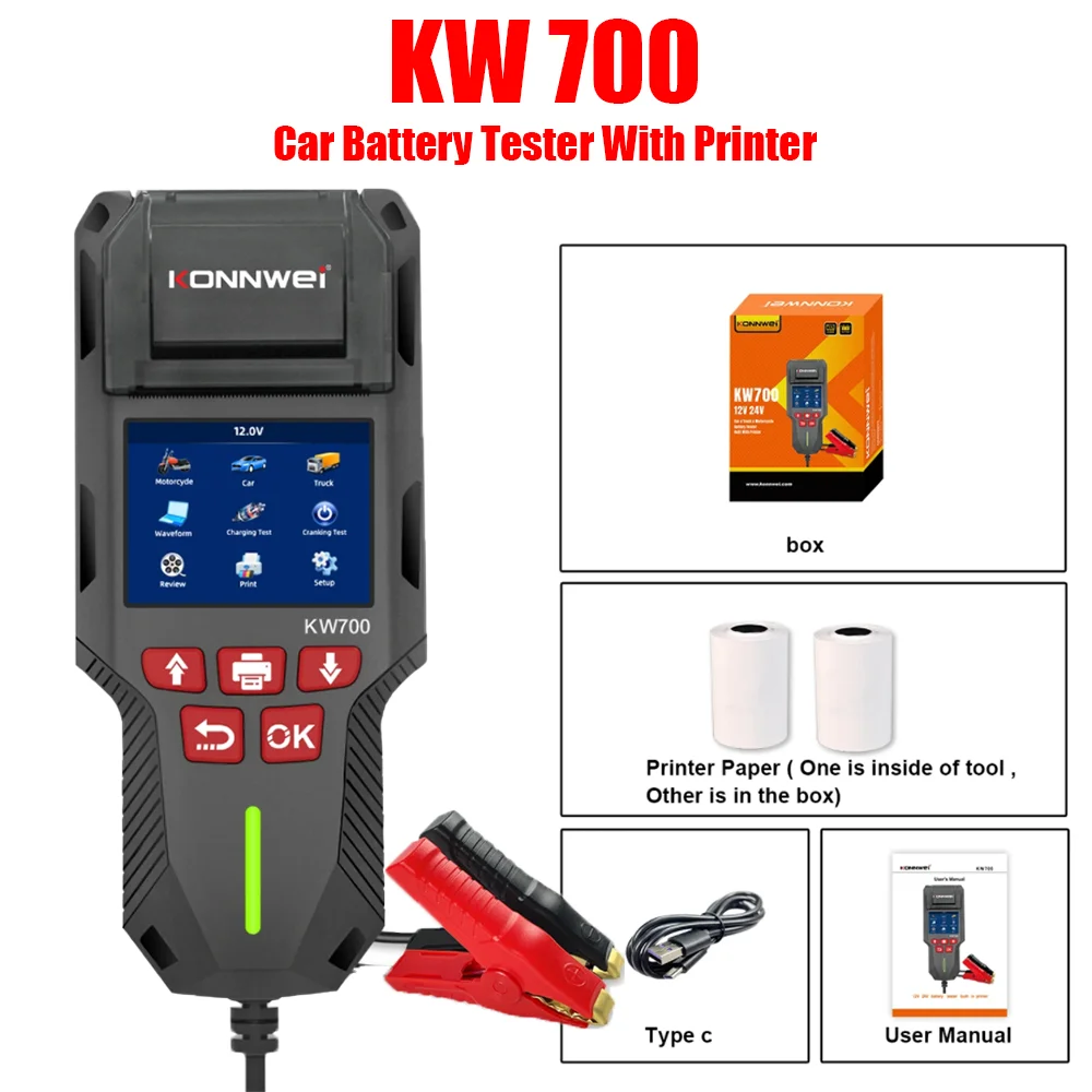 KONNWEI KW700 12V-24V Car Truck Lead-acid Battery Tester with Printer,Ripple Analyzer Cranking Charging Test Tool 10-2000CCA
KONNWEI KW700 12V-24V Car Truck Lead-acid Battery Tester with Printer,Ripple Analyzer Cranking Charging Test Tool 10-2000CCA