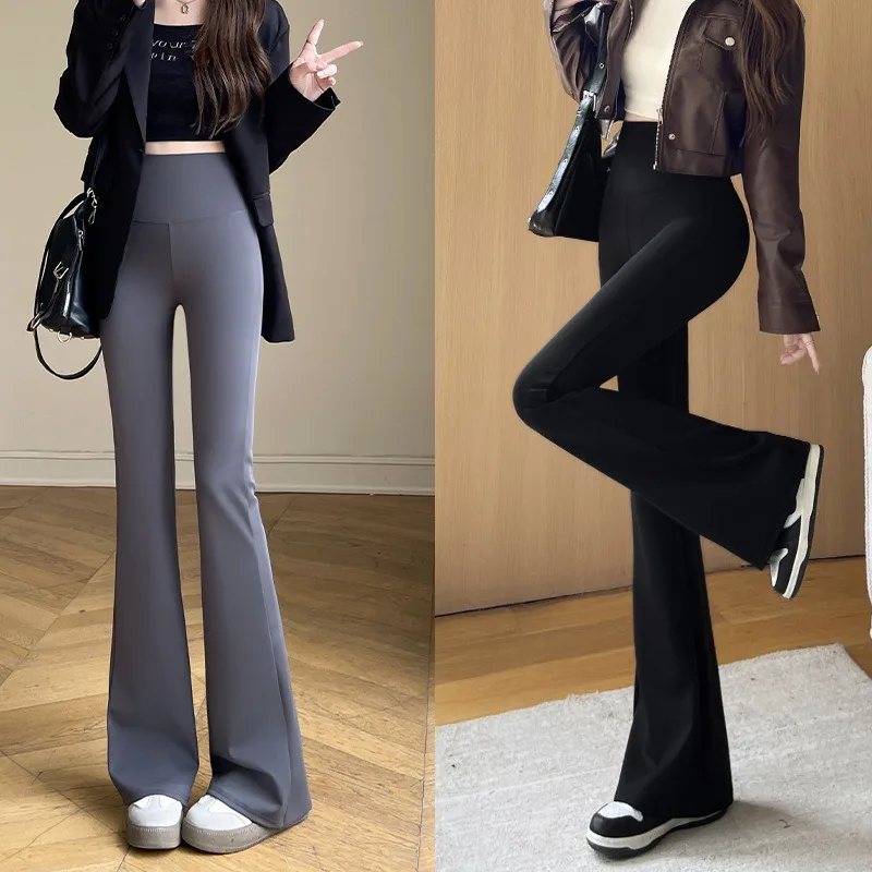 Женские брюки с высокой талией, облегающие, расклешенные, для весны и лета, длинные черные брюки с узкими штанинами, тонкие широкие брюки для стройных женщин
Женские брюки с высокой талией, облегающие, расклешенные, для весны и лета, длинные черные брюки с узкими штанинами, тонкие широкие брюки для стройных женщин