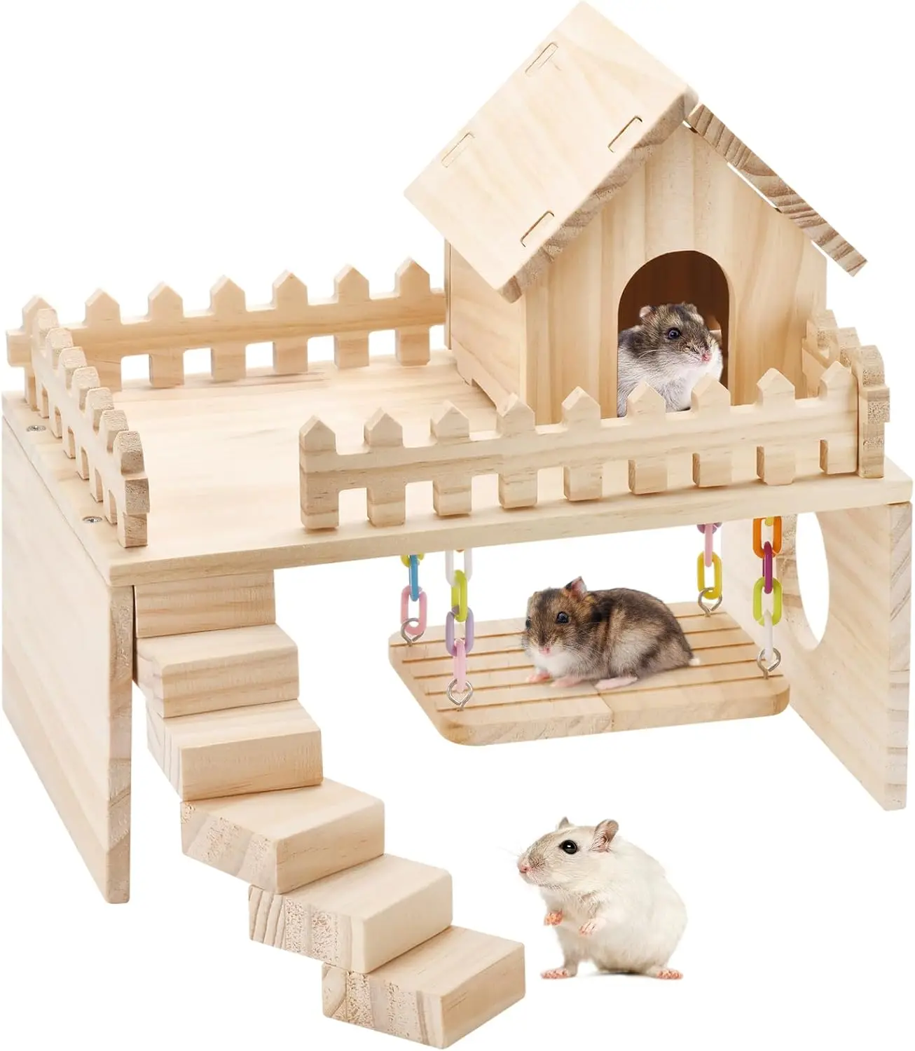 Wooden Hamster Hideout with Ladder, Swing Platform, Detachable Small Pet Cage Accessory for Mice, Sand Rats
Wooden Hamster Hideout with Ladder, Swing Platform, Detachable Small Pet Cage Accessory for Mice, Sand Rats