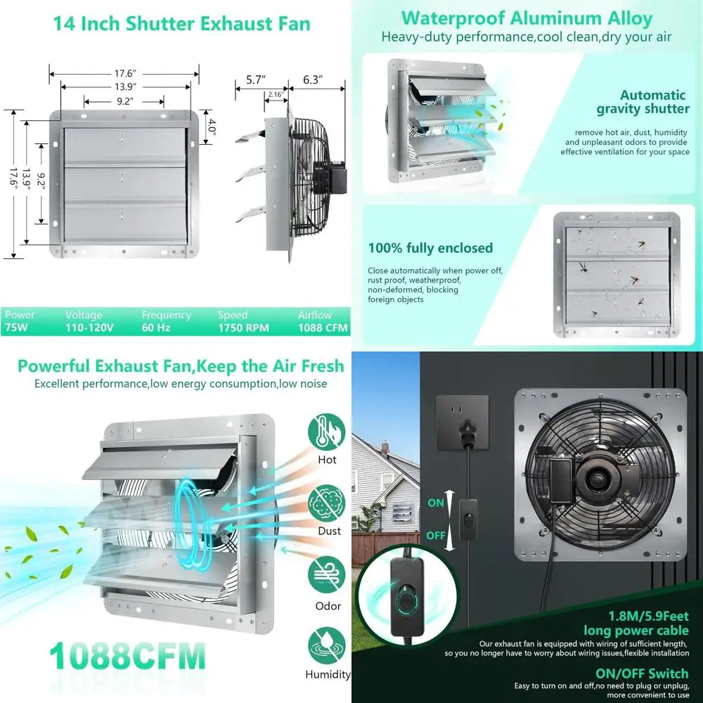 14 Inch Wall Mount Attic Ventilator with ON/OFF Switch, 1750 RPM, 1088 CFM for Greenhouse, Garage, Barn, Shed, Chicken Coops
14 Inch Wall Mount Attic Ventilator with ON/OFF Switch, 1750 RPM, 1088 CFM for Greenhouse, Garage, Barn, Shed, Chicken Coops